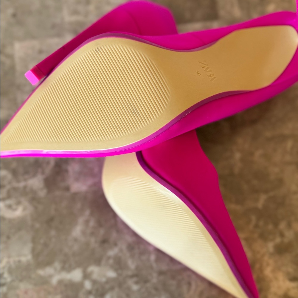 Zara Satin Finish Hot Pink Pointed Toe Heels - Picture 7 of 9